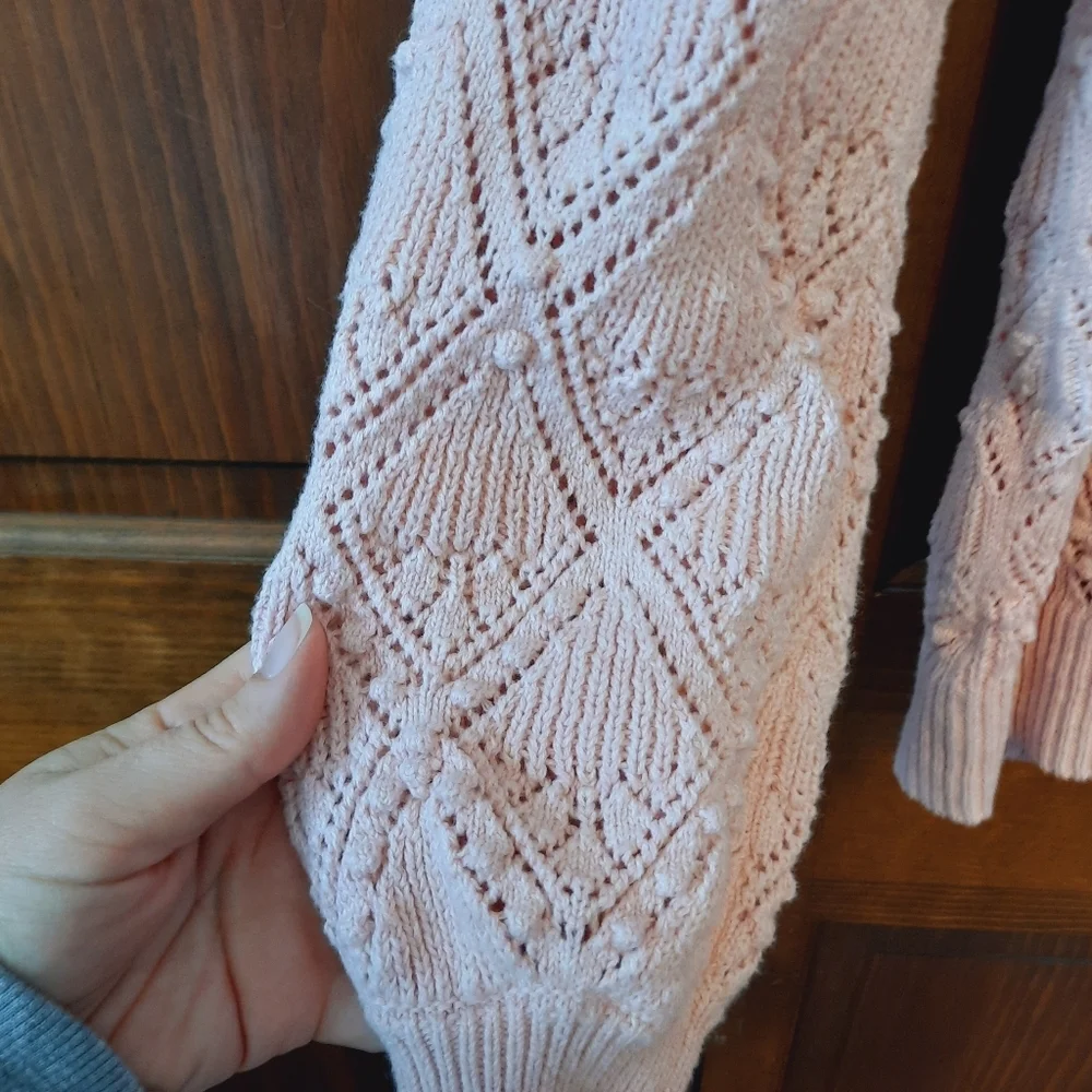 🛍 Loft 100% Cotton Light Pink Knit Pointelle Bobble Sweater Size Medium